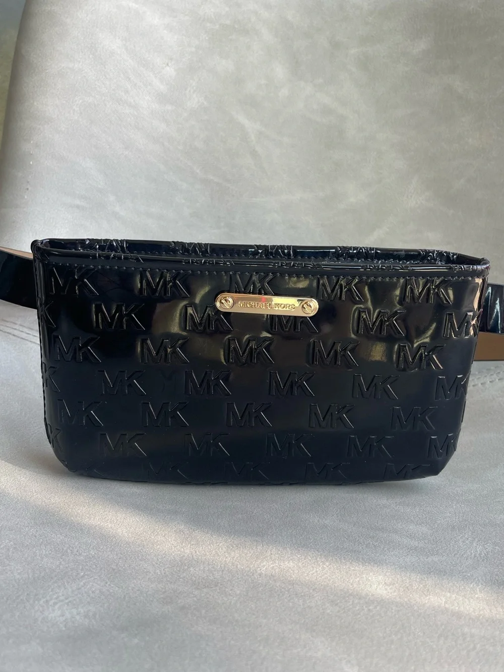 Michael Kors Black Patent MK Logo Belt Bag with Gold Plaque